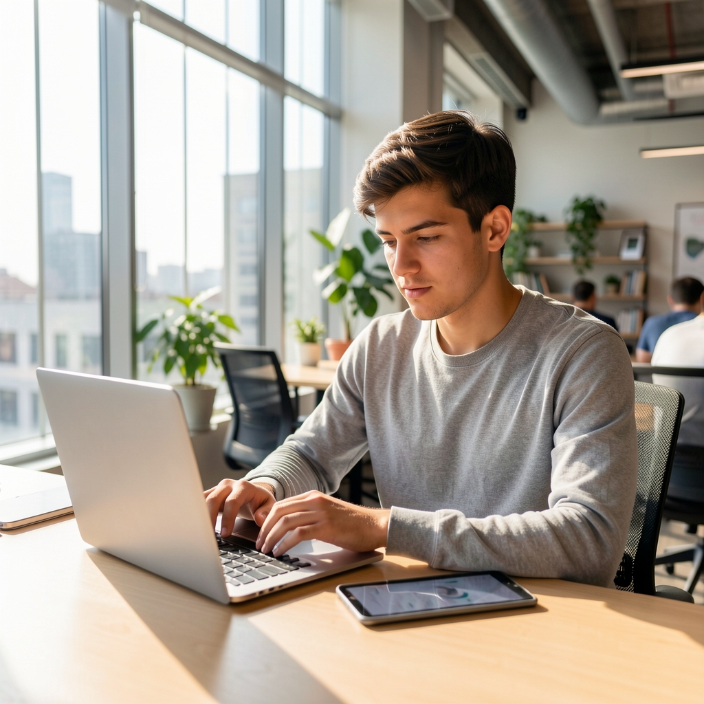 Genç gazetecinin laptop ve tablet kullanarak dijital haber içeriği ürettiği modern coworking alanı, parlak pencere ışığı