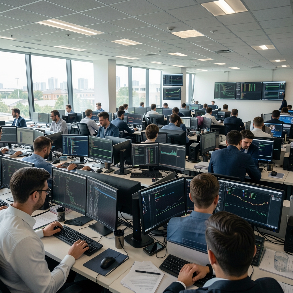 Büyük bir redaksiyon odasında ekranlar önünde çalışan gazeteciler ve veri analistleri, açık ofis ortamı ve modern dijital haber merkezi