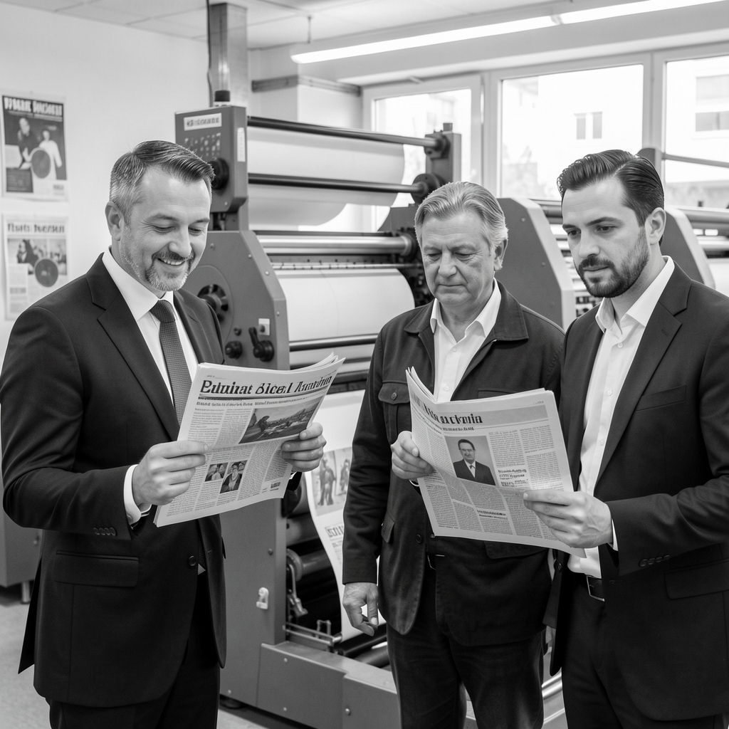Basın kartı tutan gazetecilerin siyah beyaz fotoğrafı, arka planda gazete baskı makinesi ve gazetecilik sembolleri
